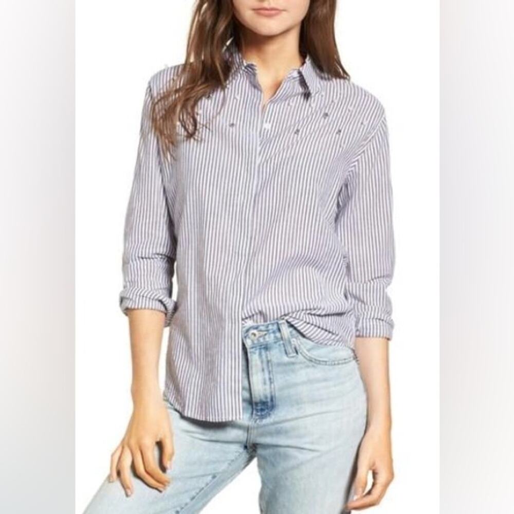 Rails Taylor Florence Striped Cotton Blend Shirt Studded Pearl Embellishment XS